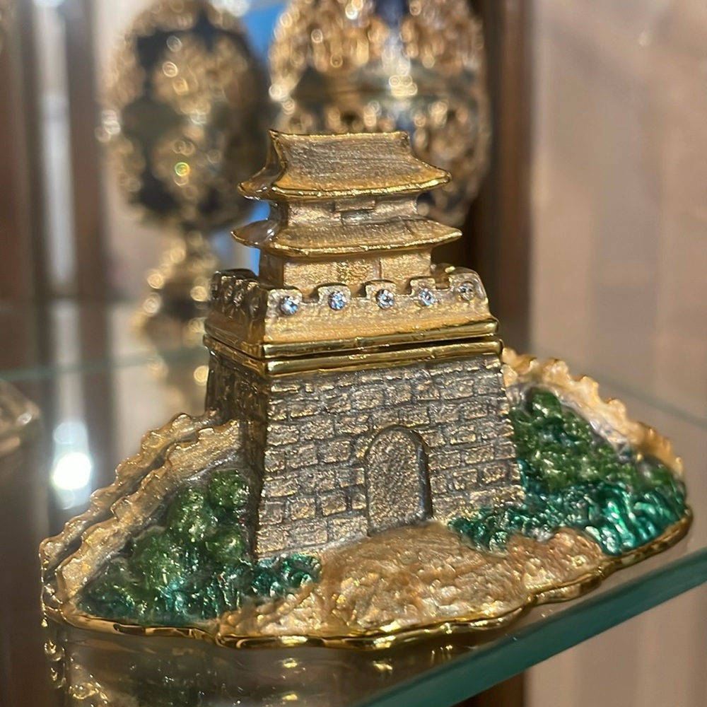 Great Wall Of China Gold and Green Enameled Austrian Crystal Trinket Box